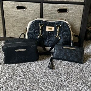 Betsy Johnson Skull Purse with Matching Wallet and travel case - 3 piece set